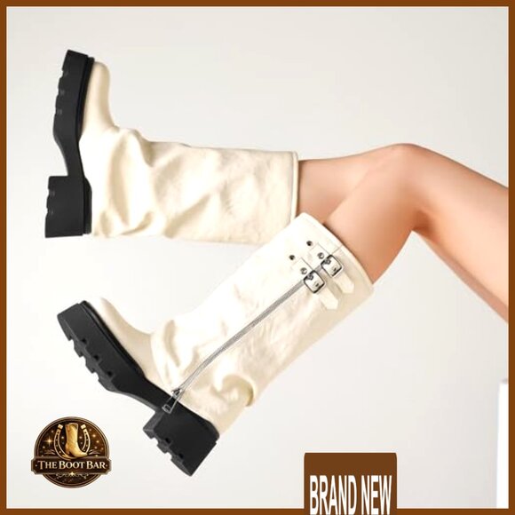 Knee High Boots Chunky Platform Moto Riding Slouchy Fold Over Wide Calf - Picture 2 of 6